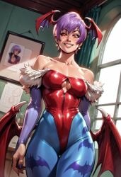 ai_generated bat_wings civitai darkstalkers head_wings leotard lilith_aensland panviewai panviewai pinup purple_hair red_eyes short_hair stockings succubus thighs wings