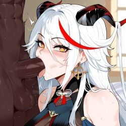 1boy 1girls aegir_(azur_lane) ai_generated ass azur_lane big_breasts breasts dark-skinned_male fellatio female female_focus hips huge_ass huge_breasts huge_cock large_breasts light-skinned_female looking_pleasured mature_female nipples nipples_visible_through_clothing white_hair wide_hips yellow_eyes