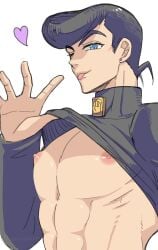 1boy diamond_is_unbreakable jojo's_bizarre_adventure josuke_higashikata male male_nipples male_only muscular muscular_male shirt_pulled_up shirt_up solo tongue tongue_out