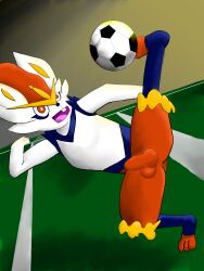 absurd_res anthro ball balls cinder_bh cinderace clothing generation_8_pokemon genitals hi_res lagomorph leporid male mammal nintendo open_mouth pokemon pokemon_(species) rabbit simple_background soccer_ball solo tight_clothing