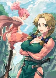 2girls ass bow braid breasts brown_hair cape cleavage crossed_arms dr._stone dr.stone dress green_eyes hair_intakes hairbow hanada_nikki hi_res large_breasts lips mikel_(4hands) mikel_bk momiji_homura multiple_girls muscular muscular_female pink_hair squatting thick_lips twin_braids