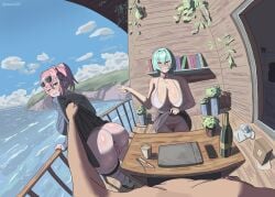 1boy 2girls ass big_ass big_breasts big_butt blue_hair breasts grabbing_ass happy_female original original_character original_characters pink_hair presenting_anus presenting_ass pussy short_hair smile smile_at_viewer smiley_face tacou00