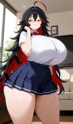 ai_generated amber_eyes black_hair flesh_fang huge_breasts long_hair school_uniform schoolgirl smug smug_face smug_grin sorceress_sophia two_tone_hair villainess