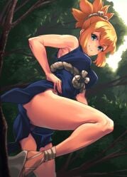 bare_legs blonde_hair blue_dress blue_eyes breasts closed_mouth day dr._stone dress female forest from_below hair_between_eyes hi_res kohaku_(dr._stone) long_hair looking_at_viewer looking_down medium_breasts mikel_bk nature short_dress sleeveless sleeveless_dress smile solo tied_hair