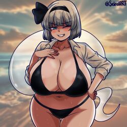 1girls aqua_eyes areolae_slip artist_name big_breasts bikini black_bikini breasts detailed_background jacket light-skinned_female mole_under_mouth open_jacket seireiart solo solo_female thick_thighs thighs touhou watermark white_hair youmu_konpaku youmu_konpaku_(ghost)