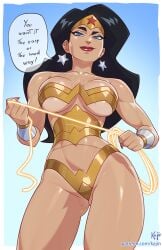 1girls 2025 2d amazon athletic athletic_female big_breasts black_hair blue_eyes breasts dc dc_comics earrings female female_only jewelry kajinman lasso_of_truth light-skinned_female light_skin looking_at_viewer smile solo solo_female tiara underboob wonder_woman