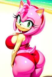 ai_generated amy_rose amy_rose_(boom) beach bikini boom breasts civitai looking_at_viewer looking_back sega sonic_the_hedgehog_(series)