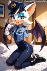 ai_generated bat_wings bed bedroom breathtaker female_only furry furry_female hi_res on_bed police_uniform rouge_the_bat sonic_(series) sonic_the_hedgehog_(series)