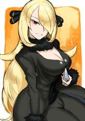 black_coat black_pants blonde_hair breasts cleavage coat commentary_request cowboy_shot creatures_(company) cynthia_(pokemon) female fur-trimmed_sleeves fur_collar fur_trim game_freak grey_eyes hair_ornament hair_over_one_eye highres ichigain large_breasts light_blush long_hair looking_at_viewer nintendo pants parted_lips pokemon pokemon_dppt smile solo very_long_hair