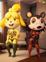 2girls animal_crossing anthro bbmbbf bra breasts buckteeth canine domestic_dog female female_only fur34 hedgehog isabelle_(animal_crossing) lingerie looking_at_viewer nintendo open_mouth palcomix rodent sable_able stockings teeth tongue underwear