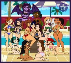 12girls 1boy 2021 6+girls artist_logo astralbtlm bathing_suit big_breasts bikini bikini_only brandy_(gaby) breasts choker cigarette cigarette_smoke commando_zoey dark-skinned_female dark_skin demon demon_girl demon_horns demon_tail demon_wings earrings english english_text female female_focus fiona_(gaby) gray_butler gwen_(tdi) harem hoop_earrings hoop_earrings_oversized jasmine_(tdi) kiraz_violette light-skinned_female light-skinned_male light_skin male male_focus medium_breasts mostly_nude nude original original_character ponytail purple_hair_female purple_skin succubus succubus_horns succubus_tail succubus_wings swimsuit swimsuit_only text total_drama:_pahkitew_island total_drama:_revenge_of_the_island total_drama_(series) total_drama_island zinerva_condello zoey_(tdi)