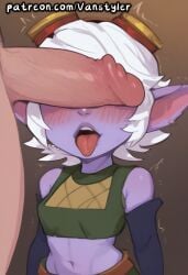 1girls ahe_gao ai_generated animal_ear_fluff animal_ears big_penis blush breasts cant_see_the_haters embarrassed furry gloves goggles huge_cock human human_on_anthro indoors kneeling league_of_legends looking_pleasured meme open_mouth patreon penis penis_on_face pierced_ears piercing purple_skin riot_games shortstack size_difference slim_waist small_breasts smaller_female trembling tristana vanstyler white_hair yellow_eyes yordle