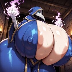 ai_generated cultist dungeon female from_below huge_breasts looking_at_viewer lovermam lunatic_cultist magic massive_breasts plague_doctor rule_63 standing terraria thick_thighs