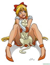 artemis_(sailor_moon) bishoujo_senshi_sailor_moon blonde_hair bow cat clothing feline female feral fur hug human lem_(artist) male minako_aino panties sailor_venus skirt spread_legs