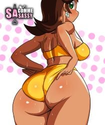 1girls alternate_breast_size alternate_skin_color alternate_version_available alternative_skin_color ass bikini bikini_bottom bikini_top breasts brown_eyes brown_hair dark-skinned_female dark_skin earrings female female_only flower_earrings huge_ass huge_breasts mario_(series) matching_hair/eyes nintendo princess_daisy sasatseng sideboob solo solo_female sports_bra sweat sweating topwear wet_breasts wet_skin wink winking yellow_clothing