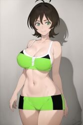 1girl ahoge ai_generated antenna_hair arms_at_sides bare_arms bare_shoulders black_bra black_shorts breasts brown_hair cleavage closed_mouth collarbone covered_nipples cowboy_shot crop_top devilman devilman_crybaby female gradient_background green_bra green_eyes green_shorts grey_background groin hair_between_eyes large_breasts legs_together looking_at_viewer midriff miki_makimura navel pixiv rena_aikawa_(pixiv_user) shadow short_hair short_shorts shorts simple_background smile solo sports_bra sportswear stable_diffusion standing stomach tagme thigh_gap thighs tomboy two-tone_shorts two-tone_sports_bra underwear wholesome