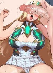 1boy awesomeerix bare_shoulders blush breasts chest_jewel cleavage cleavage_cutout clothing_cutout dress erection female female_pubic_hair highres large_breasts long_hair mythra open_mouth penis pubic_hair rex_(xenoblade) spread_legs straight testicles tiara white_dress xenoblade_(series) xenoblade_chronicles_2