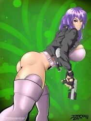 blue_hair breasts fingerless_gloves ghost_in_the_shell ghost_in_the_shell:_stand_alone_complex gloves gun handgun kusanagi_motoko leotard pzero short_hair simple_background solo thighhighs weapon