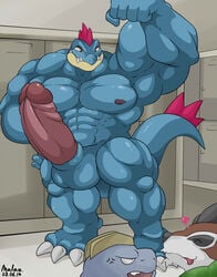 abs balls biceps big_balls big_muscles caprine claws erection feraligatr flexing gay goat gogoat group heart humanoid_penis hyper hyper_muscles hyper_penis machoke maldu male male_only muscles nintendo nipples nude pecs penis pokemon pokemon_(species) pose scalie standing tongue tongue_out video_games