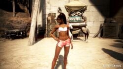 3d arab_female arabian_female bdo belly beurette black_desert black_desert_online black_hair commentary_request dark-skinned_female exposed game_screenshot irl_character legs navel ponytail pose short_shorts white_topwear yourbdoslave