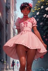 ai_generated black_hair boosty boosty_username crossdressing crossdressing_male femboy girly girly_boy pink_clothing rpaint small_penis street trap wet wet_legs yaoi