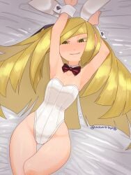 bed bunny_ears bunnysuit fishnets laying_on_bed leotard looking_at_viewer lusamine_(pokemon) pear_shaped pokemon wawo