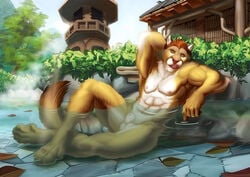 2014 abs alpha0 anthro armpit_hair armpits balls barefoot biceps big_muscles closed_eyes cougar daiten feline fur hair hi_res high_resolution highres hot_tub leaves male male_only mammal manly muscles nipples nude outside pecs pose public raised_arm sheath short_hair sitting solo steam tongue tongue_out water wet