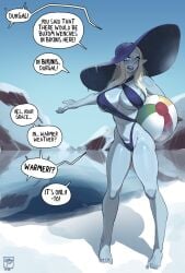 1girls beach_ball big_breasts bikini blue_eyes blue_skin detailed_background dialogue eira_lumidelle english_text female female_only gattles hat hi_res large_hat long_hair pointy_ears pointy_nose snow solo speech_bubble white_hair