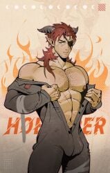 1boy abs anoko_nai arknights bara bulge chest_hair eyepatch facial_hair fire hairy_chest hi_res hoederer_(arknights) horns looking_at_viewer male male_focus male_only moon muscular muscular_male nipples pecs pectorals pointy_ears red_hair scar solo solo_male undressing