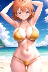 1girl ai_generated armpits arms_behind_head arms_up ass_visible_through_thighs bare_arms bare_shoulders beach bikini blue_sky blush breasts brown_eyes brown_hair cameltoe cleavage closed_mouth cloud collarbone cowboy_shot day digimon digimon_adventure digimon_adventure_tri. female gold_bikini groin hair_between_eyes halterneck horizon large_breasts looking_at_viewer mountainous_horizon navel ocean orange_eyes orange_hair outdoors pixiv red_eyes rena_aikawa_(pixiv_user) sand shore short_hair sideboob skindentation sky smile solo sora_takenouchi stable_diffusion standing stomach string_bikini sunlight swimsuit tagme thigh_gap thighs underboob water wet yellow_bikini