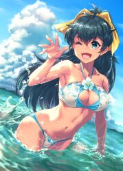 ;d antenna_hair armpits bare_arms bare_shoulders bikini black_hair blue_eyes blue_sky blush bow breasts cleavage cleavage_cutout clothing_cutout cloud collarbone day female flower ganaha_hibiki hairbow hand_up hi_res high_ponytail idolmaster idolmaster_(classic) large_breasts long_hair looking_away looking_to_the_side mikel_bk navel ocean oerba_yun_fang one_eye_closed open_mouth outdoors ponytail skindentation sky smile solo stomach swimsuit very_long_hair wading water white_bikini white_flower yellow_bow