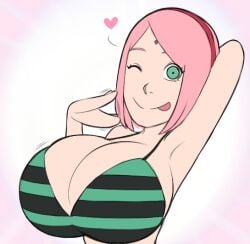 armpits big_boobs big_breasts big_tits biggies00 bikini_top green_eyes heart huge_breasts naruto naruto_(series) naruto_shippuden one_eye_closed pink_hair sakura_haruno tongue_out