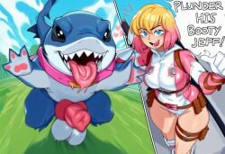2025 ai_generated anthro balls blonde_hair blue_eyes breasts clothing drooling duo english_text female femboy feral gay gay_male genitals gesture gwenpool hair heart hellsonger hi_res homosexual homosexual_male human jeff_the_land_shark male male/female male_on_human male_penetrating mammal marine marvel marvel_comics marvel_rivals open_mouth outside penis saliva shark smile teeth text tongue tongue_out