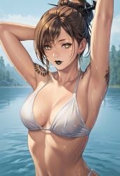 ai_generated akeha armpit_fetish armpits arms_behind_back black_lips black_lipstick breasts brown_hair female lake looking_at_viewer nier nier_reincarnation tied_hair upper_body wet white_bikini white_bikini_top