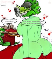 cherrizilla_j_(josemilio) gatling_pea_turret green_body heart-shaped_pupils kak0yt0_chel_style plants_vs._zombies_fusion red_body