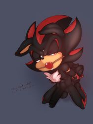 1boy anthro argento ball_gag balls black_fur black_hair bondage bound english_text fur furry gag gagged hair hedgehog kneeling male male_only penis red_eyes red_strips sega shadow_the_hedgehog solo sonic_(series) text tuft