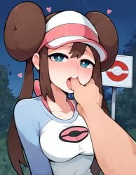 1boy 1girls ai_generated bedroom_eyes clothed finger_in_another's_mouth finger_in_mouth looking_at_viewer night nintendo outdoors pokemon pov rosa_(pokemon) saliva softhanten_(ai_style) stable_diffusion