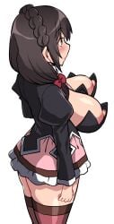 big_breasts big_nipples blush brown_hair looking_away red_bow tagme thick_thighs thinkerstatus