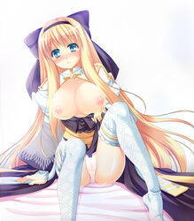 archbishop areolae bed bed_sheet blonde_hair blue_eyes blush breasts breasts_out cameltoe female hair_ribbon ichika_masaya large_breasts nipples open_clothes panties ragnarok_online ribbon solo tagme thighhighs very_long_hair