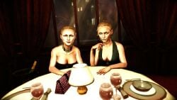 2k_games black_dress blonde_hair breasts digital_extremes_(2k_games) green_dress necklace night_sky restaurant screenshot the_darkness_2_(2007) the_twins_(the_darkness) video_games white_girl