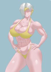 abs barthone bikini blonde_hair fit_female grinning huge_ass huge_breasts kromer_(limbus_company) large_ass large_breasts limbus_company mixed_hair_color muscular_female project_moon swimsuit thick_thighs villainess white_hair yellow_bikini