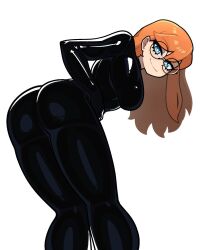 ass ass_focus bending_over blue_eyes breasts freckles glasses hand_on_hip latex long_hair looking_back muds oc orange_hair original_character smile smirk smug