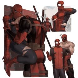 bulge bulge_under_clothes deadpool gay lkikai male male/male male_only marvel marvel_comics nipples peter_parker scars scars_all_over skintight_suit spider-man sucking_nipples wade_wilson