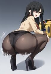 1girls ai_generated ass ass_shake big_ass black_hair body_control boombox breasts brown_eyes date_a_live dekutree10 female gold_boombox_(prevence) long_hair looking_at_viewer looking_back pantyhose pencil_skirt shiizaki_hinako twerk twerk_hypnosis twerking