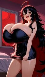 ai_generated amber_eyes black_dress black_hair female female flesh_fang huge_breasts long_hair messy_hair sorceress_sophia two_tone_hair