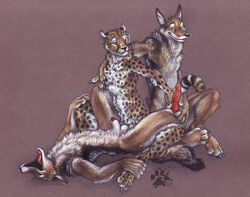 anal anal_sex anthro blotch canine cheetah feline fur furry furry_only gay group group_sex jackal male mammal penetration penis sex sheath threesome