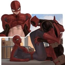 deadpool gay lifting_shirt lkikai male male/male male_only marvel marvel_comics peter_parker skintight_suit spider-man wade_wilson