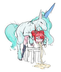 absurd_res anthro bestiality bodily_fluids cum cum_in_mouth cum_inside cum_through dumato duo equid equine female feral genital_fluids hi_res horse male male/female mammal