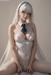 1girl 1girls ai_generated bangs bare_shoulders belly_button_visible_through_clothing blanc_(nikke) blunt_bangs cameltoe cleavage clothes clothing collar collarbone covered_nipples cute cute_face deep_cleavage eyelashes facing_viewer female female_only front_view goddess_of_victory:_nikke half-dressed half_naked headband leotard light-skinned_female light_skin lipstick looking_at_viewer mascara medium_breasts nai_diffusion nipple_bulge nipples_visible_through_clothing no_bra no_underwear novelai pale-skinned_female pale_skin patreon_url pink_lipstick pose posing posing_for_the_viewer pujopg realistic_breast_size realistic_proportions realistic_textures revealing_clothes seductive_pose sexy_clothing sexy_pose shift_up sidelocks sitting slim slim_female slim_waist smile smiling smiling_at_viewer solo solo_female spread_legs straight_hair tie very_long_hair video_game_character video_games white-skinned_female white_body white_hair white_leotard white_skin yellow_eyes young young_female
