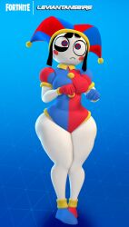 1girls 3d 3d_(artwork) black_hair clothed clothed_female female female_only footwear fortnite frown full_body jester jester_hat jester_outfit leviantan581re pomni_(the_amazing_digital_circus) shoes solo solo_female the_amazing_digital_circus